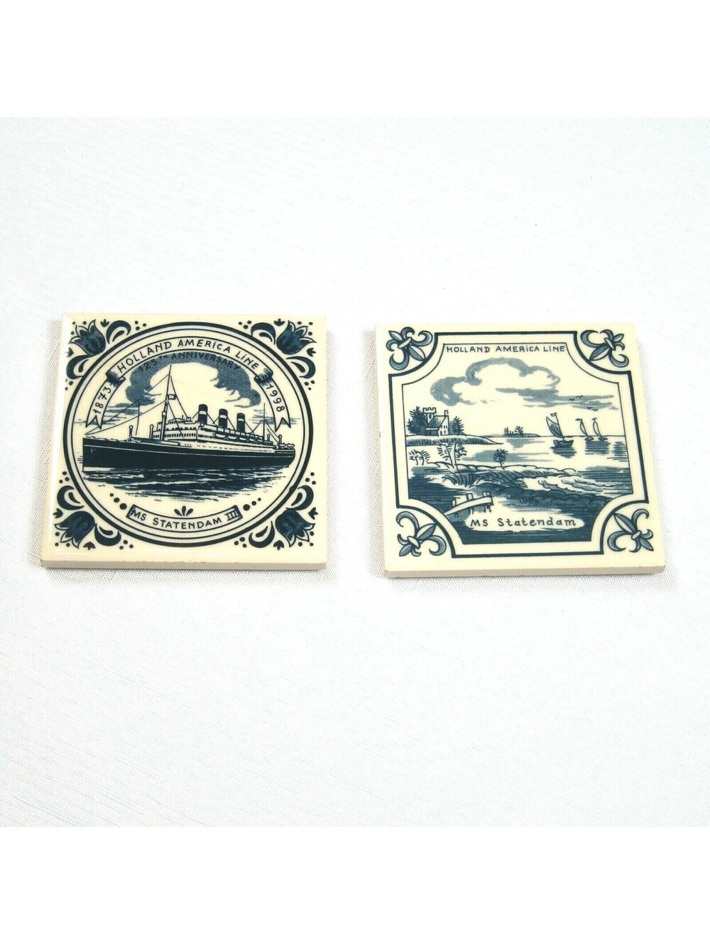 Lot 2 Vintage Holland America Line MS Statendam & III Blue Delft Tile Coasters